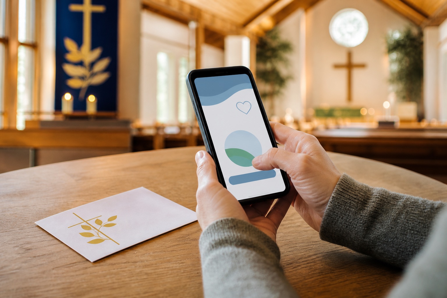 A person making a secure online gift from a church sanctuary