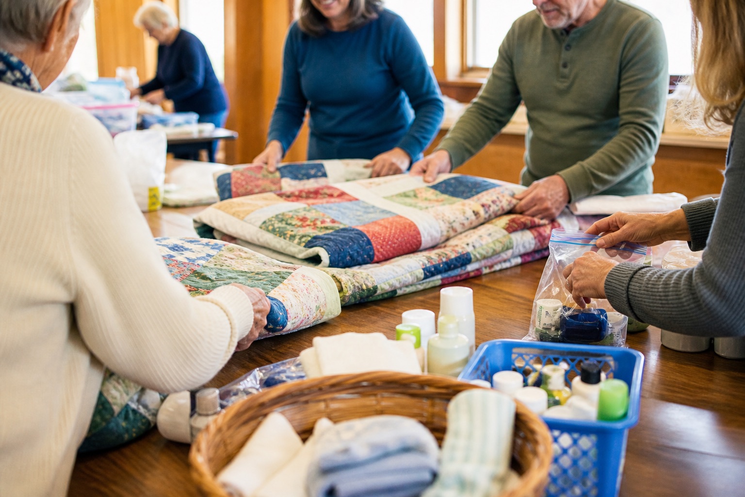 Hands working together on quilts and care kits for a church ministry project